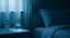 A calm, dimly lit bedroom at dusk in soft blue and indigo tones with a glass of water on a nightstand, evoking restful sleep