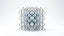 An abstract silver crystalline lattice structure with soft blue light in its interior cells, on a white background